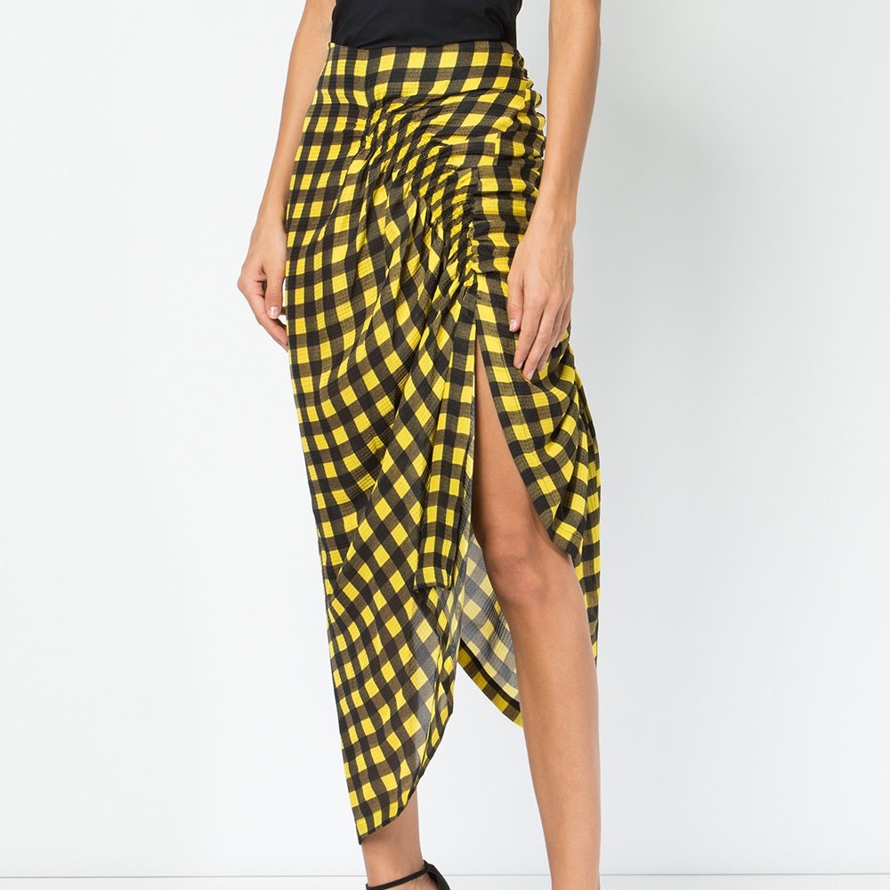 Preen Black and Yellow Check Asymmetrical Skirt with Ruching Small